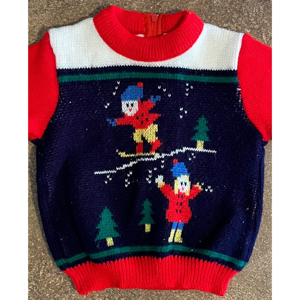 Vintage Winnie the Pooh Toddler 2T Winter Ski Scene Sweater Navy Red Knit